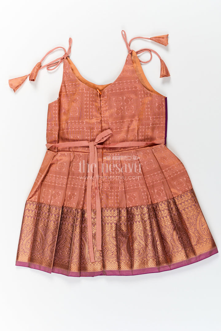 Girls Gold Silk Dress in Semi Kanchivaram with Purple Zari Bodice and Pleated Tie Up Tassel Frock