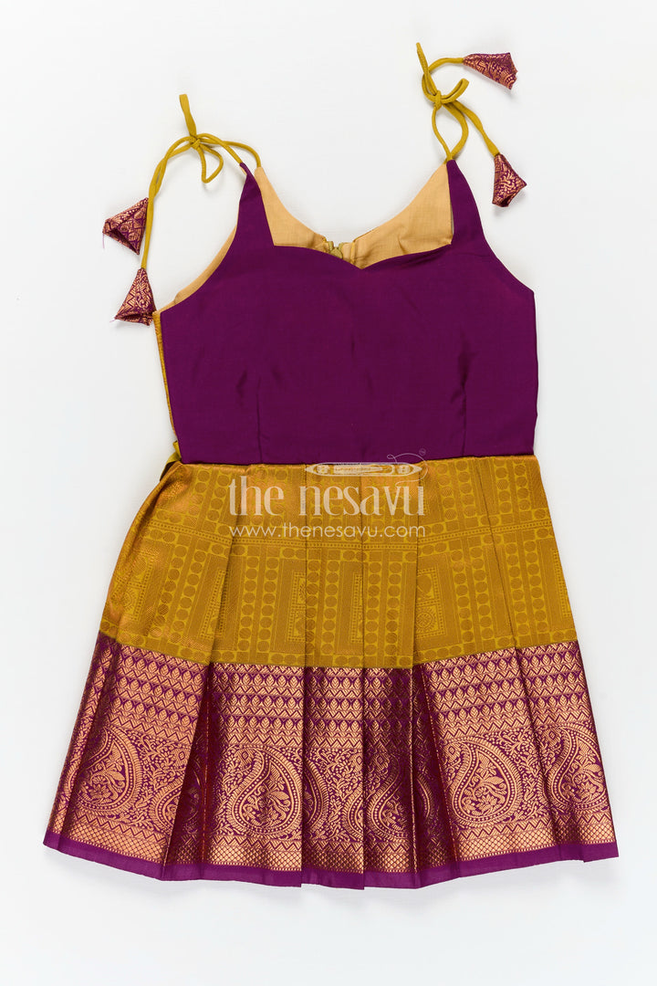 Girls Semi Kanchivaram Silk Long Frocks Designs in Maroon and Mustard with Tie-Up Tassel Straps and Pleated Skirt