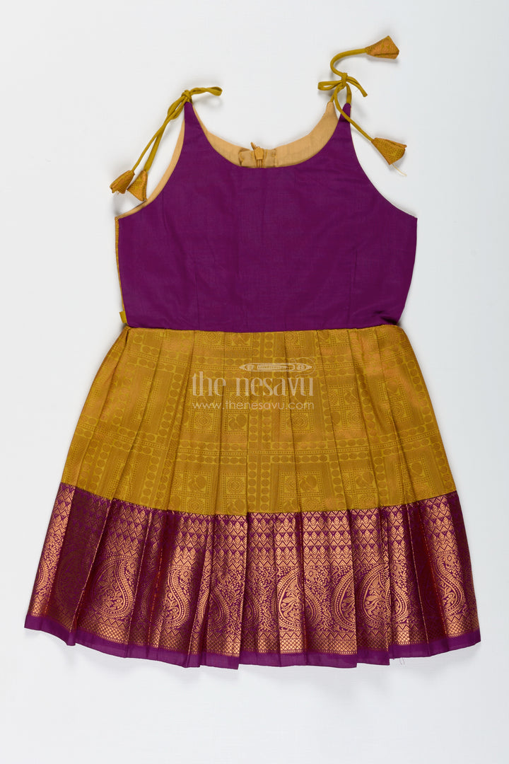 Girls Semi Kanchivaram Silk Long Frocks Designs in Maroon and Mustard with Tie-Up Tassel Straps and Pleated Skirt