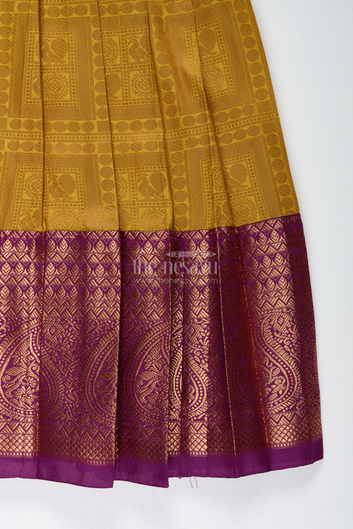 Girls Semi Kanchivaram Silk Long Frocks Designs in Maroon and Mustard with Tie-Up Tassel Straps and Pleated Skirt