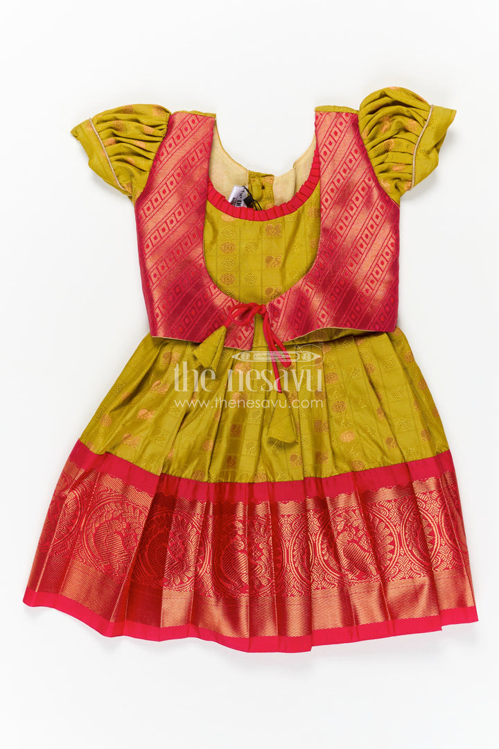 Girls Semi Kanchivaram Silk New Model Dress in Red and Mustard with Puff Sleeves and Zari Pleated Hem