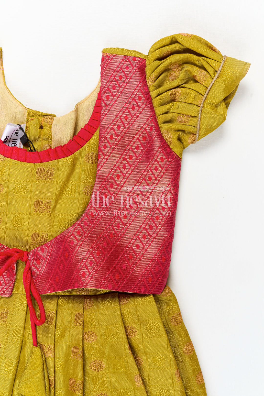 Girls Semi Kanchivaram Silk New Model Dress in Red and Mustard with Puff Sleeves and Zari Pleated Hem