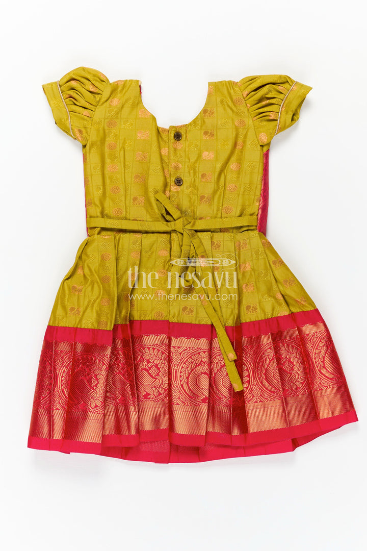 Girls Semi Kanchivaram Silk New Model Dress in Red and Mustard with Puff Sleeves and Zari Pleated Hem