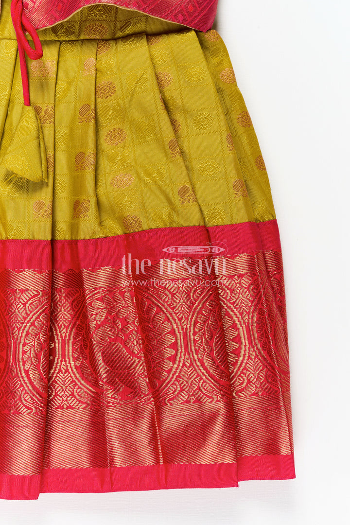 Girls Semi Kanchivaram Silk New Model Dress in Red and Mustard with Puff Sleeves and Zari Pleated Hem
