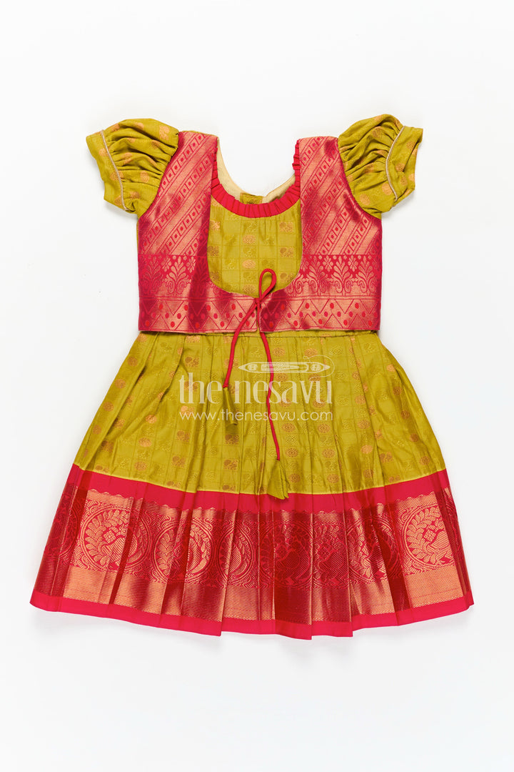 Girls Semi Kanchivaram Silk New Model Dress in Red and Mustard with Puff Sleeves and Zari Pleated Hem