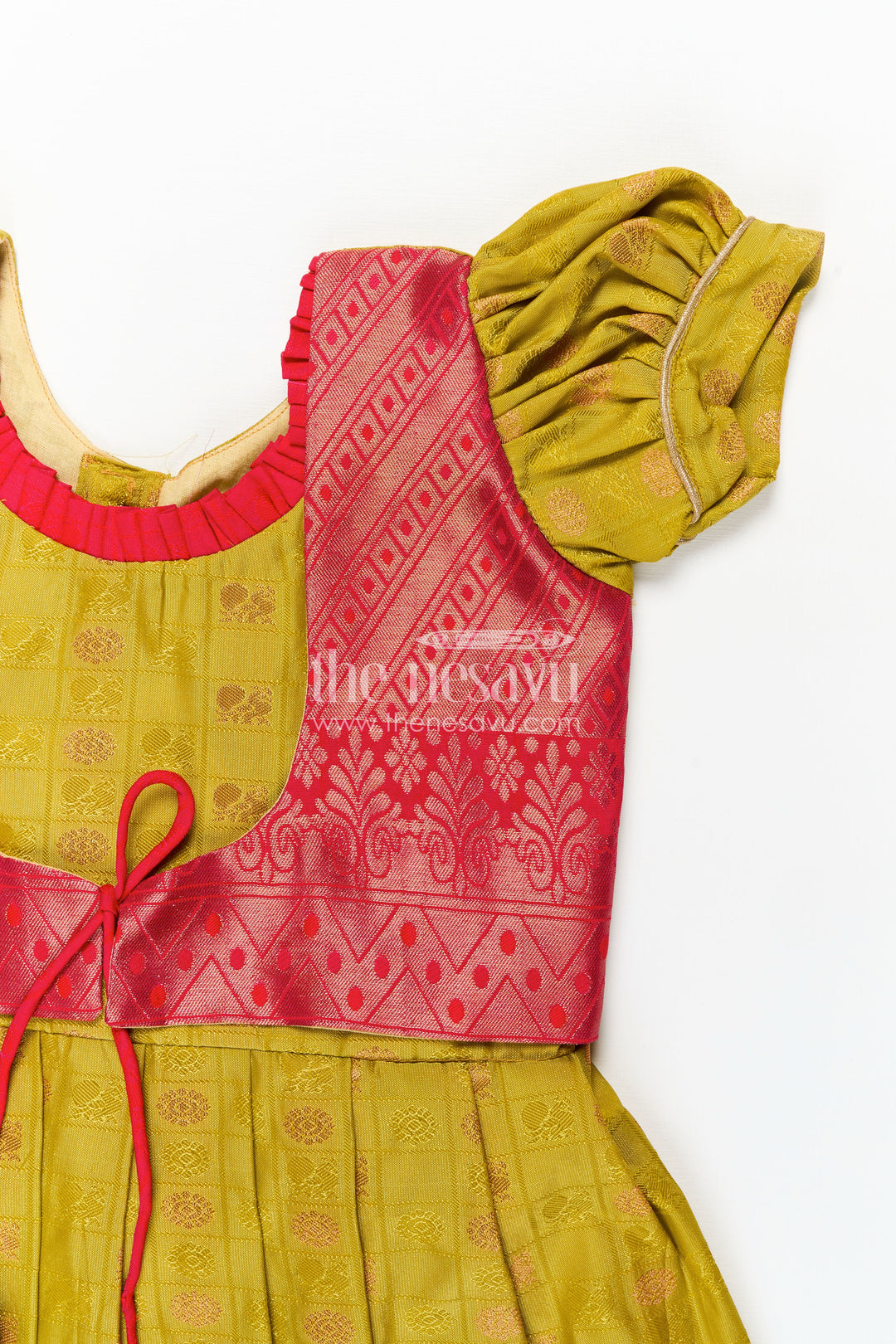Girls Semi Kanchivaram Silk New Model Dress in Red and Mustard with Puff Sleeves and Zari Pleated Hem