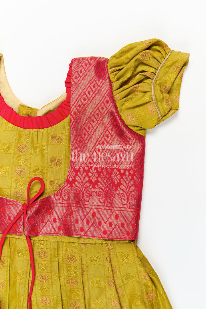 Girls Semi Kanchivaram Silk New Model Dress in Red and Mustard with Puff Sleeves and Zari Pleated Hem