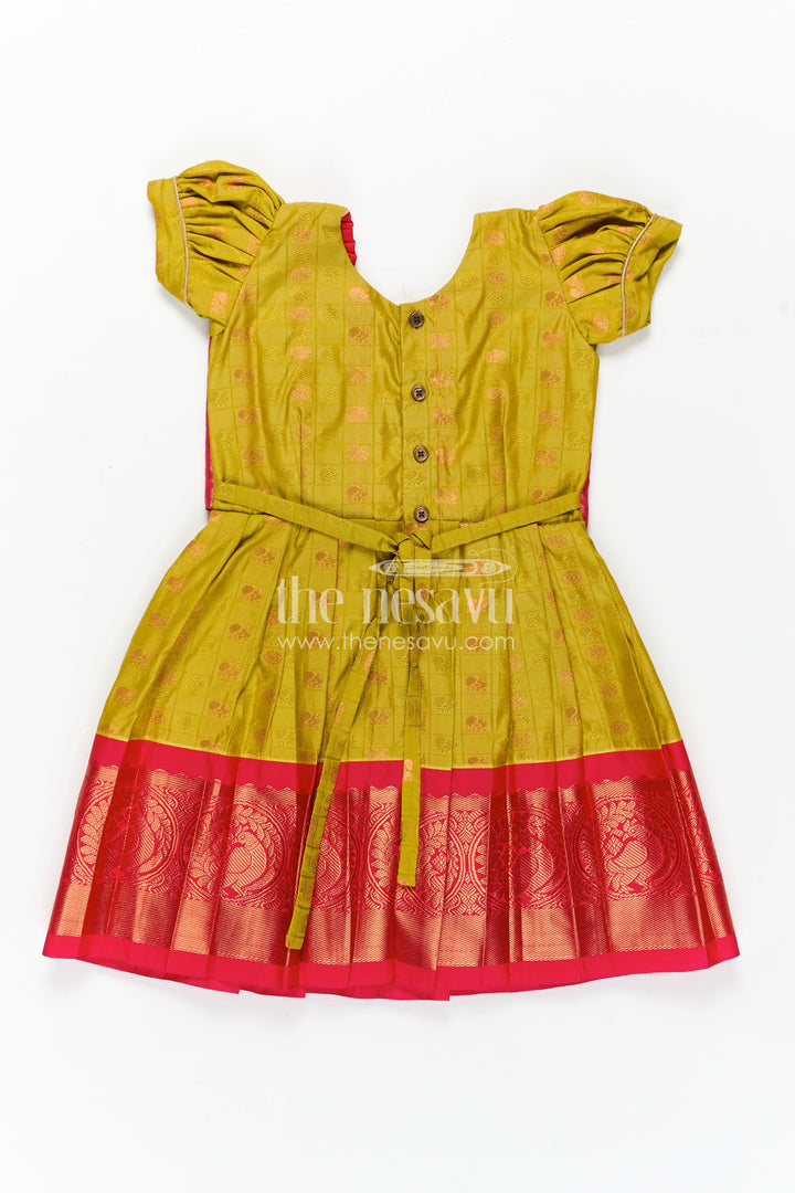 Girls Semi Kanchivaram Silk New Model Dress in Red and Mustard with Puff Sleeves and Zari Pleated Hem