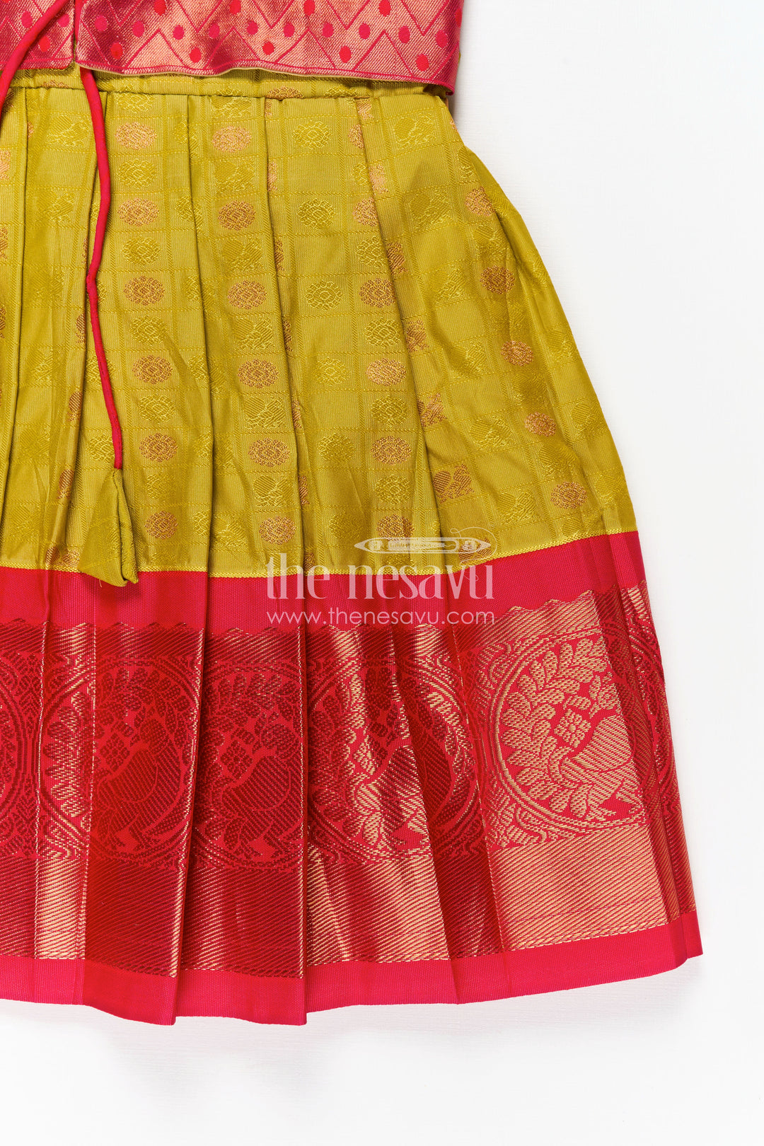 Girls Semi Kanchivaram Silk New Model Dress in Red and Mustard with Puff Sleeves and Zari Pleated Hem