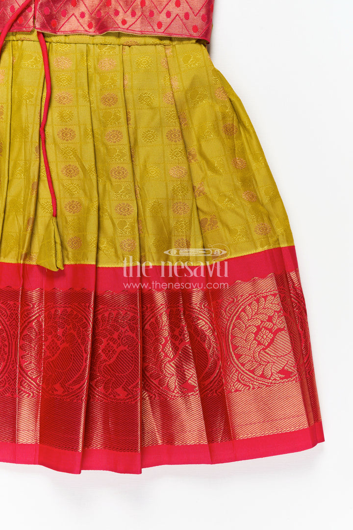 Girls Semi Kanchivaram Silk New Model Dress in Red and Mustard with Puff Sleeves and Zari Pleated Hem