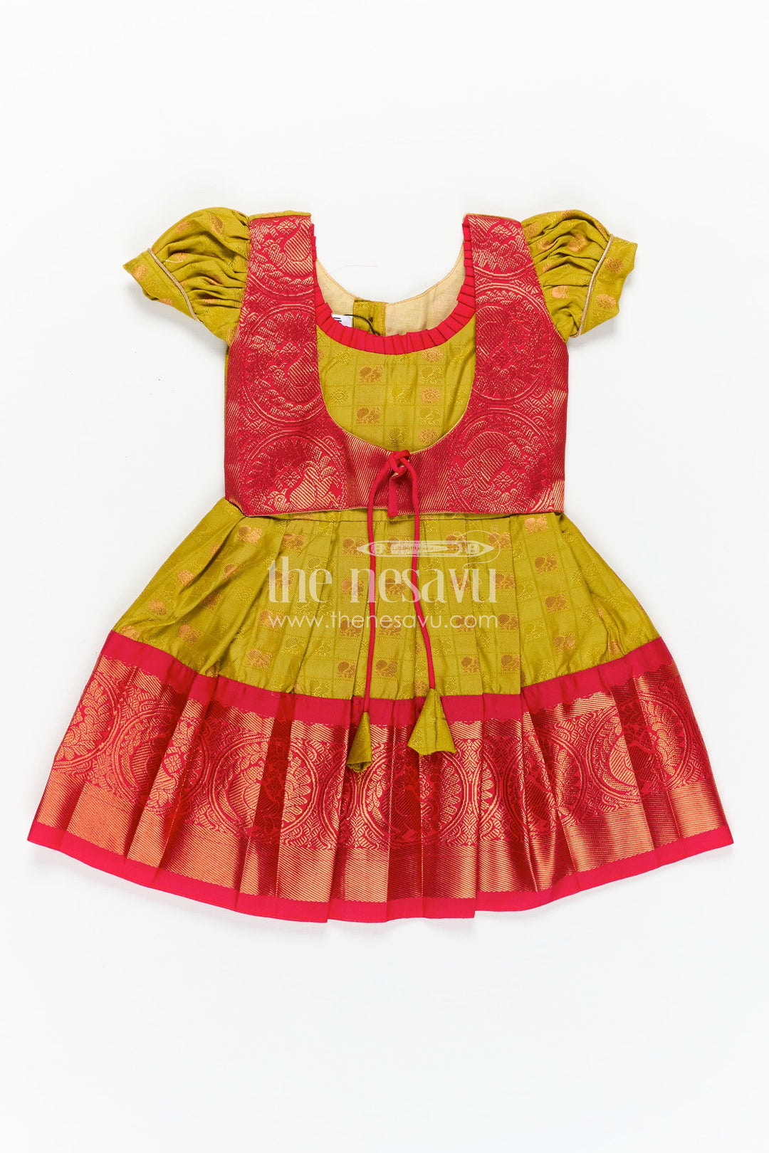 Girls Semi Kanchivaram Silk New Model Dress in Red and Mustard with Puff Sleeves and Zari Pleated Hem