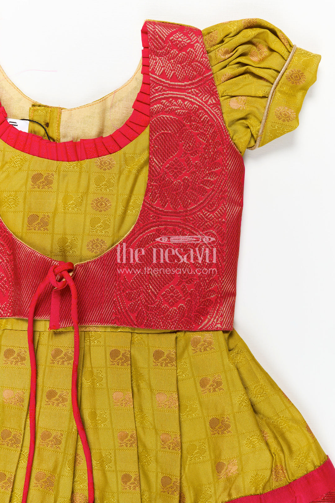 Girls Semi Kanchivaram Silk New Model Dress in Red and Mustard with Puff Sleeves and Zari Pleated Hem