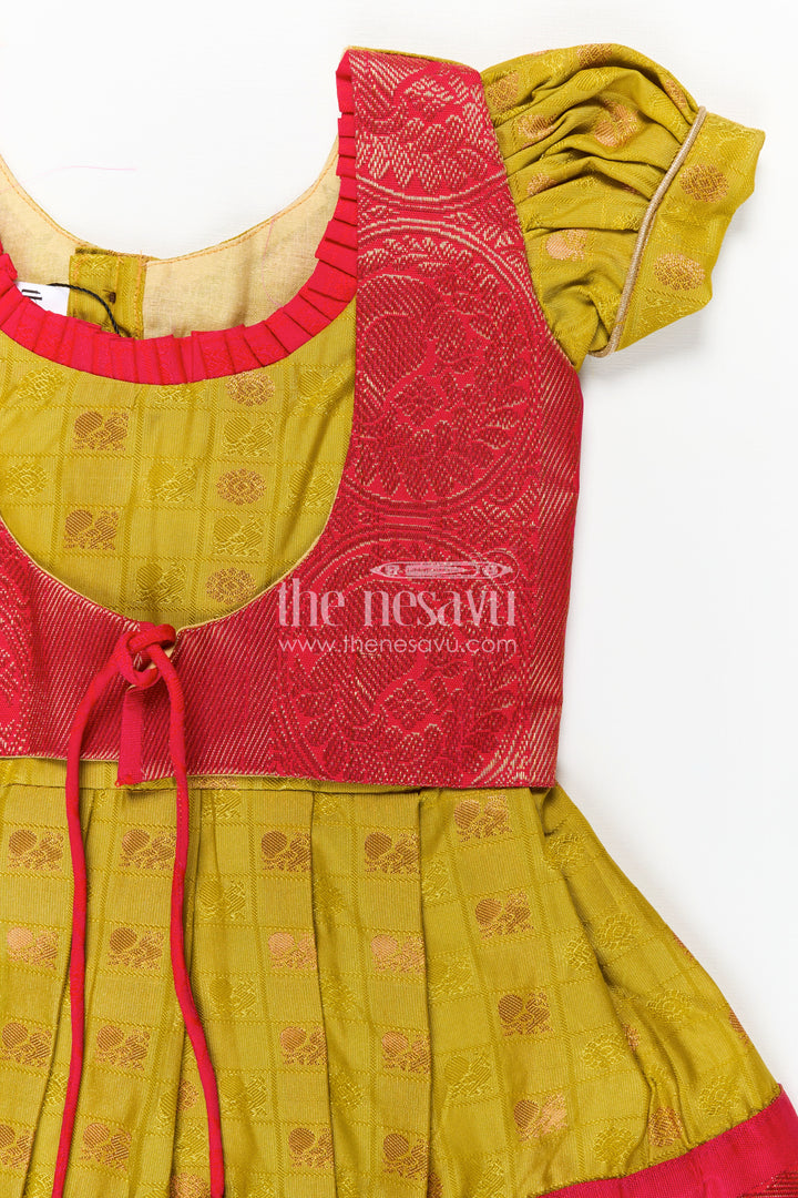 Girls Semi Kanchivaram Silk New Model Dress in Red and Mustard with Puff Sleeves and Zari Pleated Hem