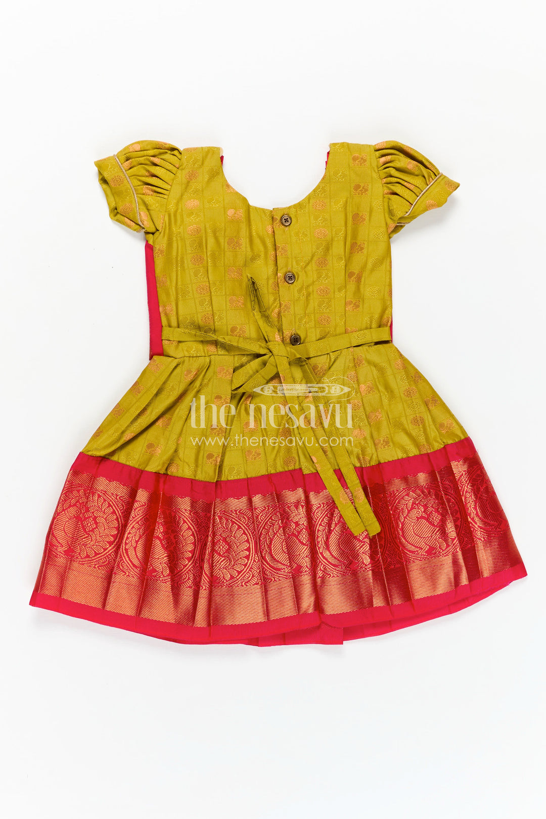 Girls Semi Kanchivaram Silk New Model Dress in Red and Mustard with Puff Sleeves and Zari Pleated Hem