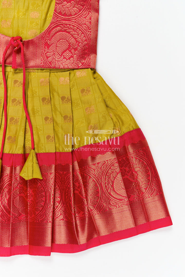 Girls Semi Kanchivaram Silk New Model Dress in Red and Mustard with Puff Sleeves and Zari Pleated Hem