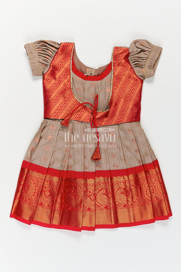 Girls Kanchivaram Soft Silk Frocks with Beige Body Red Puff Sleeves and Rich Zari Woven Hemline