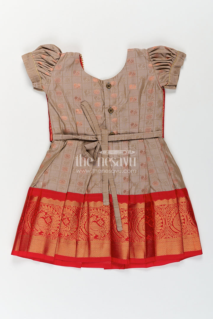 Girls Kanchivaram Soft Silk Frocks with Beige Body Red Puff Sleeves and Rich Zari Woven Hemline