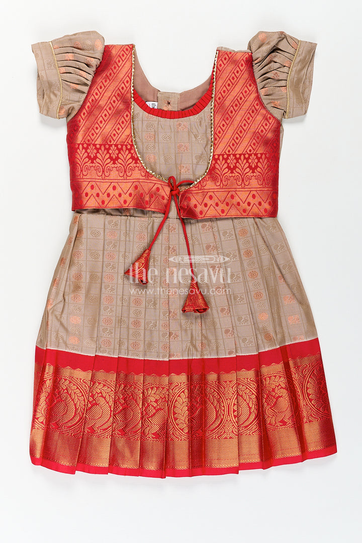Girls Kanchivaram Soft Silk Frocks with Beige Body Red Puff Sleeves and Rich Zari Woven Hemline