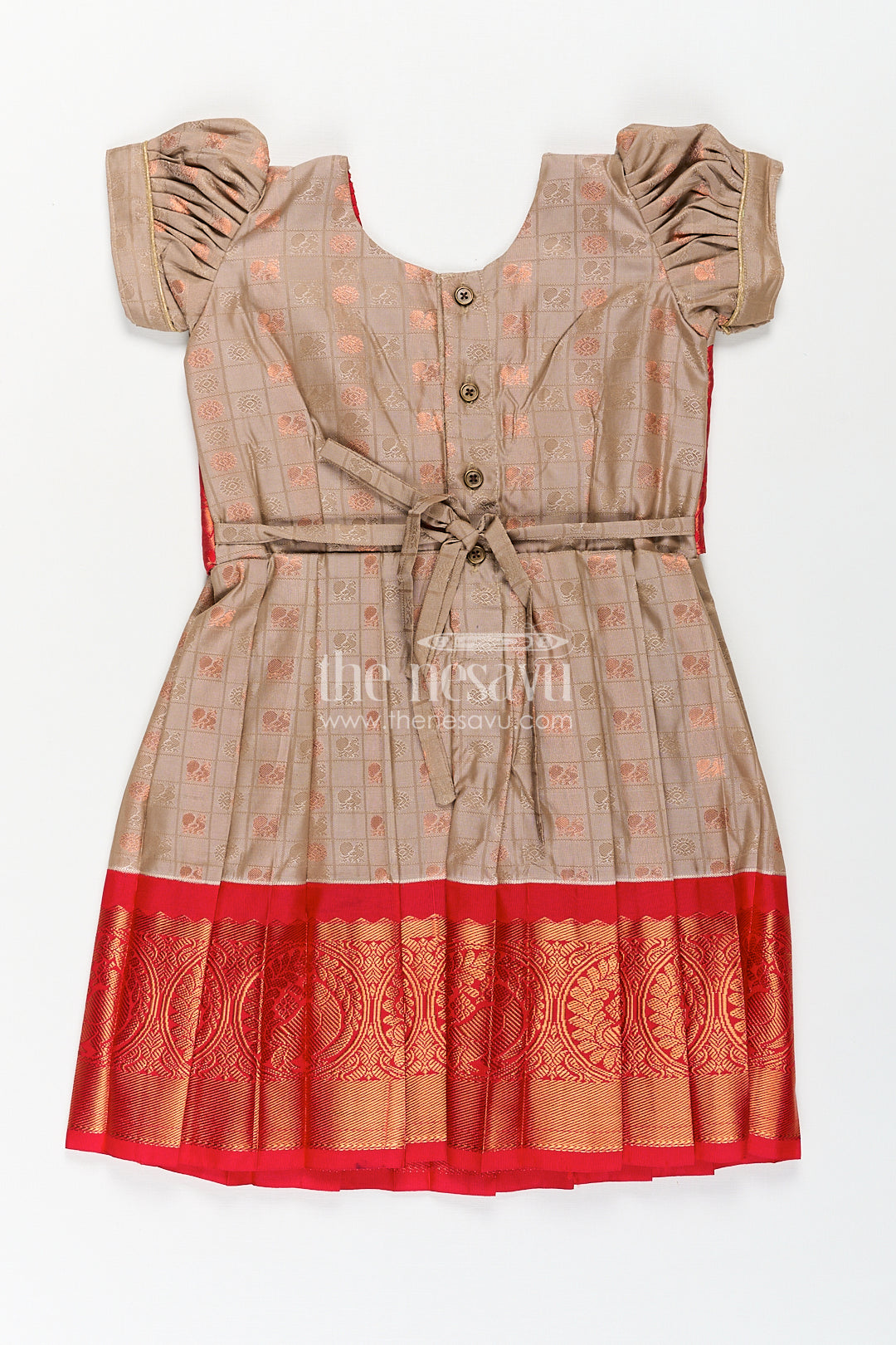 Girls Kanchivaram Soft Silk Frocks with Beige Body Red Puff Sleeves and Rich Zari Woven Hemline