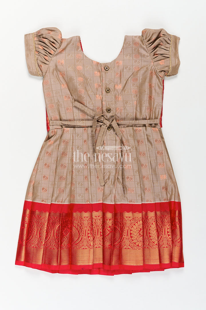 Girls Kanchivaram Soft Silk Frocks with Beige Body Red Puff Sleeves and Rich Zari Woven Hemline