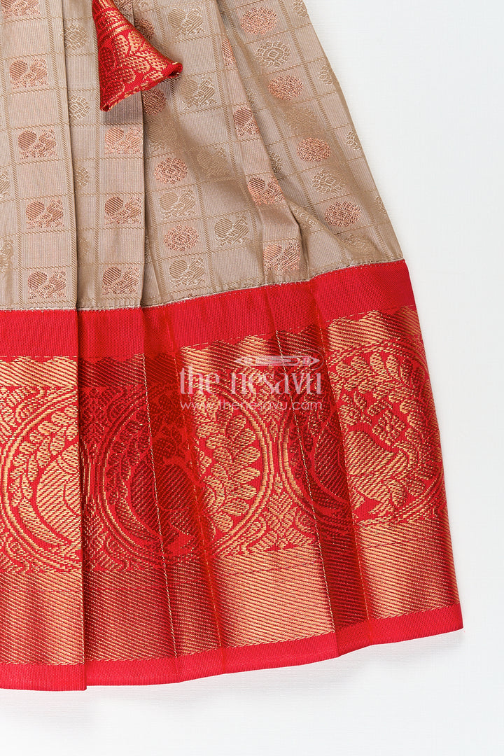 Girls Kanchivaram Soft Silk Frocks with Beige Body Red Puff Sleeves and Rich Zari Woven Hemline