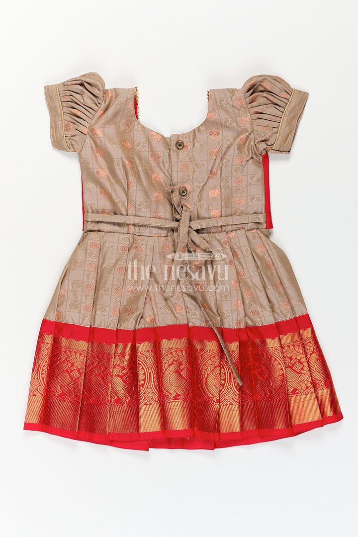 Girls Kanchivaram Soft Silk Frocks with Beige Body Red Puff Sleeves and Rich Zari Woven Hemline