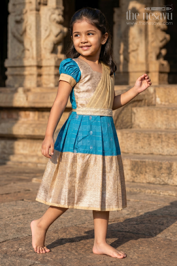 Girls Designer Silk Dresses in Semi Kanchivaram with Embroidery Lace and Elegant Dupatta Detail