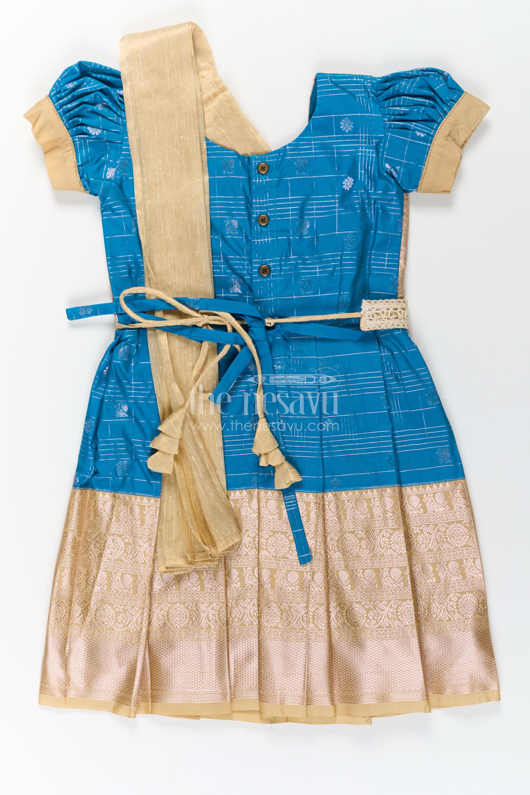Girls Designer Silk Dresses in Semi Kanchivaram with Embroidery Lace and Elegant Dupatta Detail