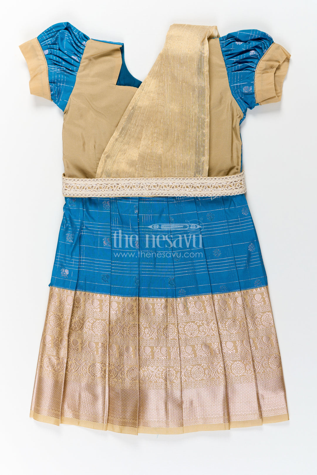 Girls Designer Silk Dresses in Semi Kanchivaram with Embroidery Lace and Elegant Dupatta Detail