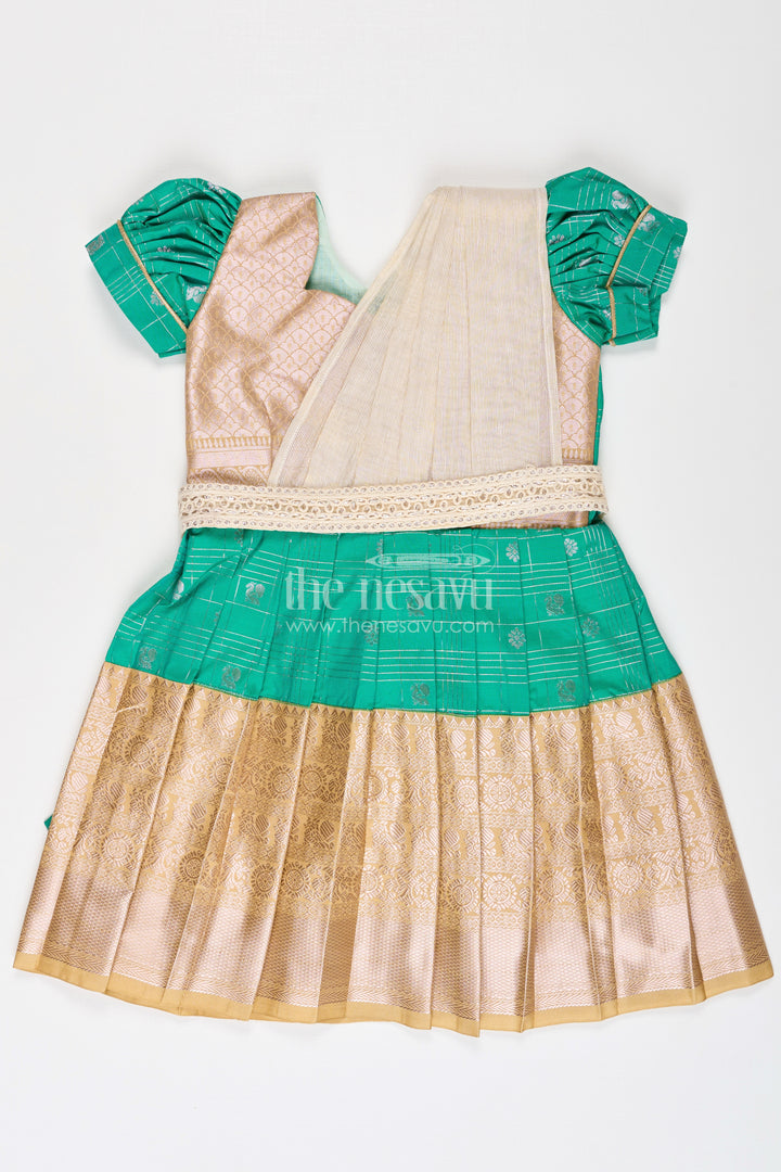 Girls Frocks Designs in Green Semi Kanchivaram Silk with Thread Embroidery and Lace Dupatta