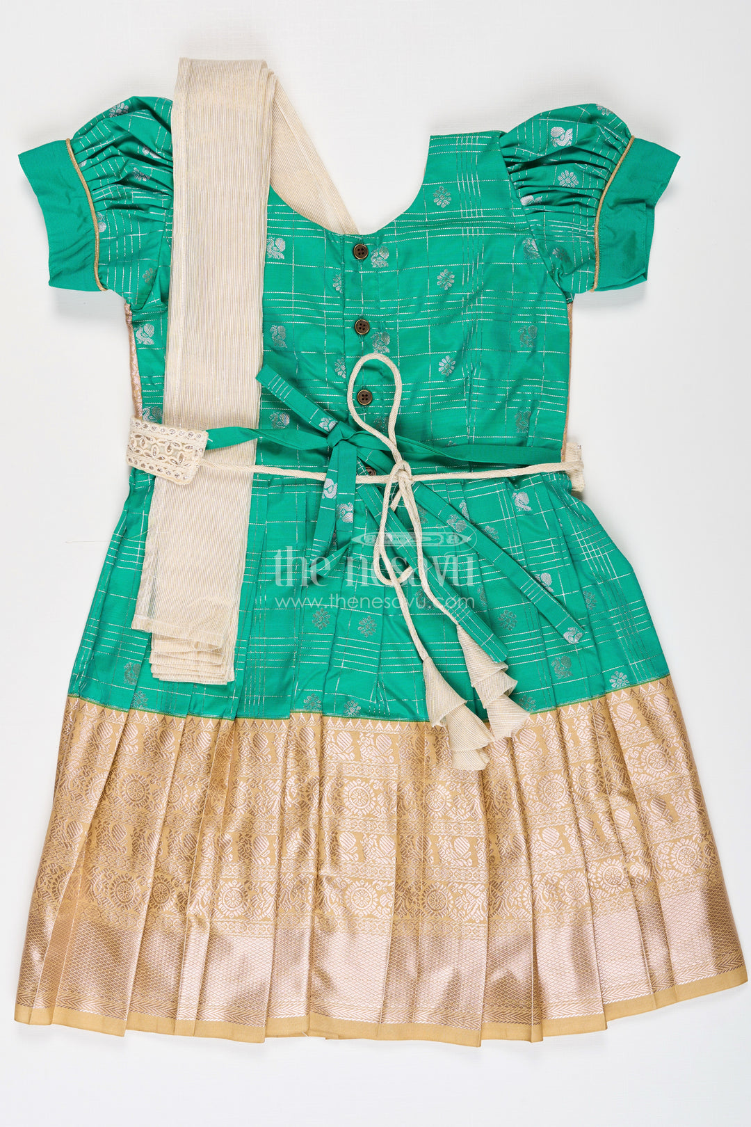 Girls Frocks Designs in Green Semi Kanchivaram Silk with Thread Embroidery and Lace Dupatta