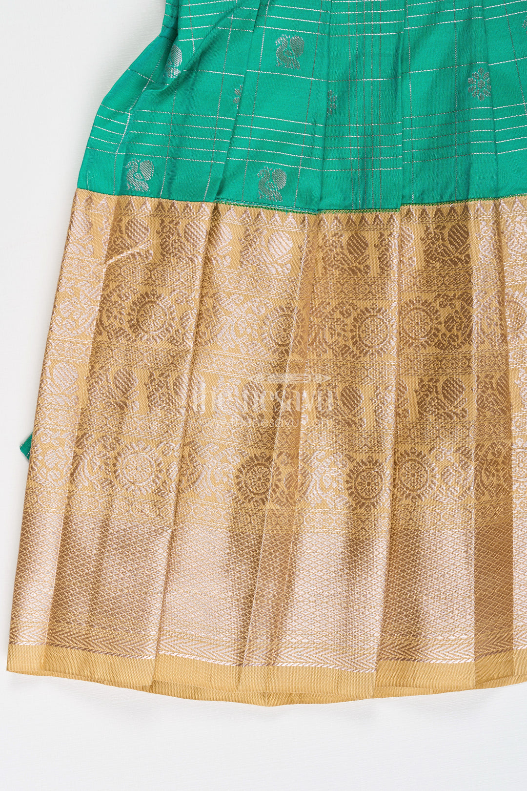 Girls Frocks Designs in Green Semi Kanchivaram Silk with Thread Embroidery and Lace Dupatta