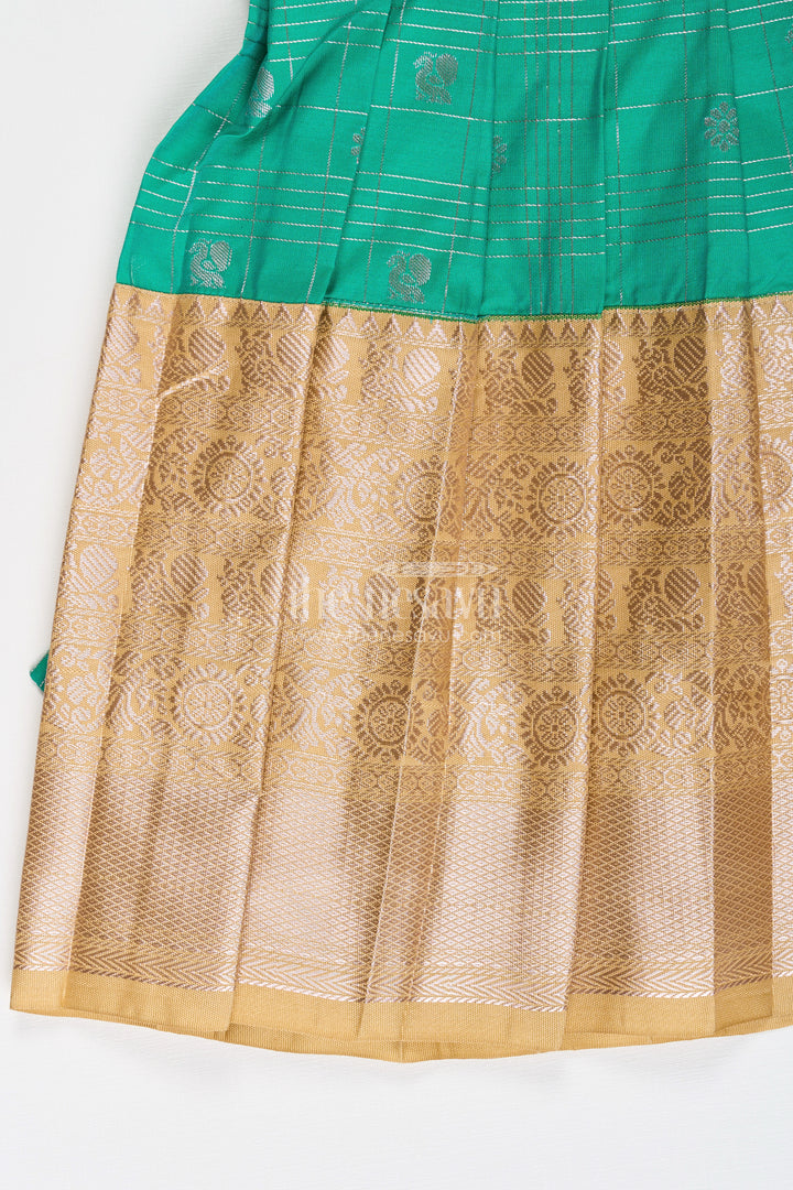Girls Frocks Designs in Green Semi Kanchivaram Silk with Thread Embroidery and Lace Dupatta