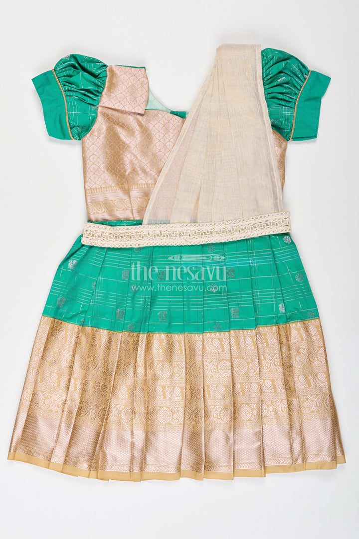 Girls Frocks Designs in Green Semi Kanchivaram Silk with Thread Embroidery and Lace Dupatta