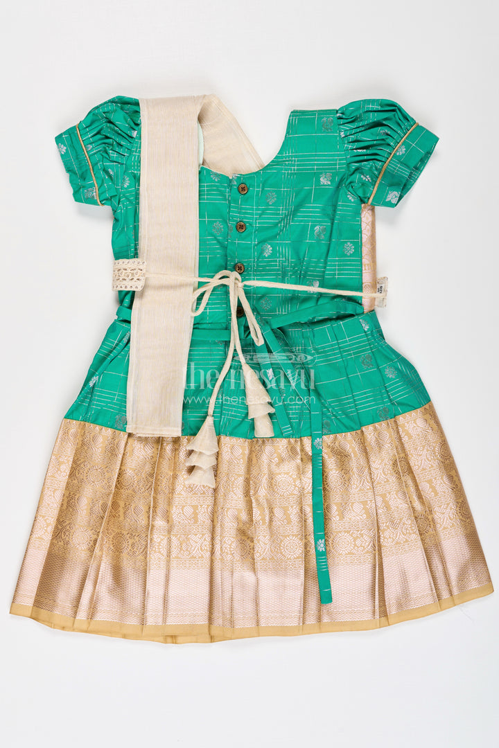 Girls Frocks Designs in Green Semi Kanchivaram Silk with Thread Embroidery and Lace Dupatta