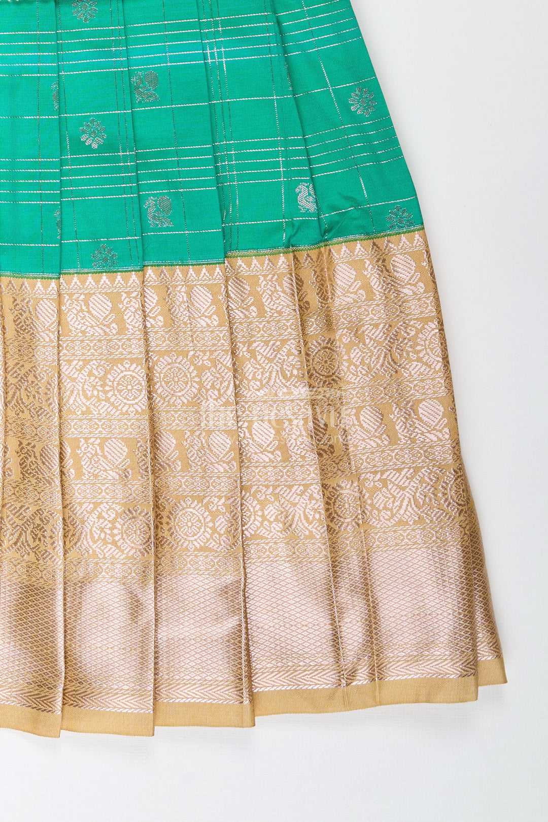 Girls Frocks Designs in Green Semi Kanchivaram Silk with Thread Embroidery and Lace Dupatta