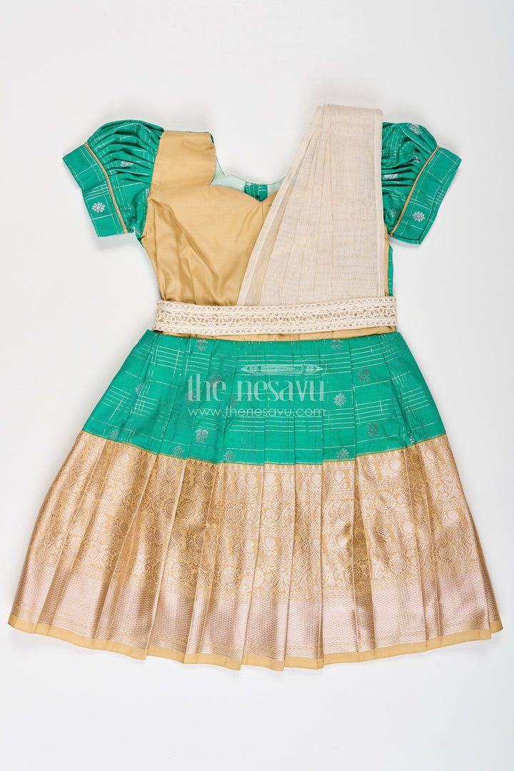 Girls Frocks Designs in Green Semi Kanchivaram Silk with Thread Embroidery and Lace Dupatta