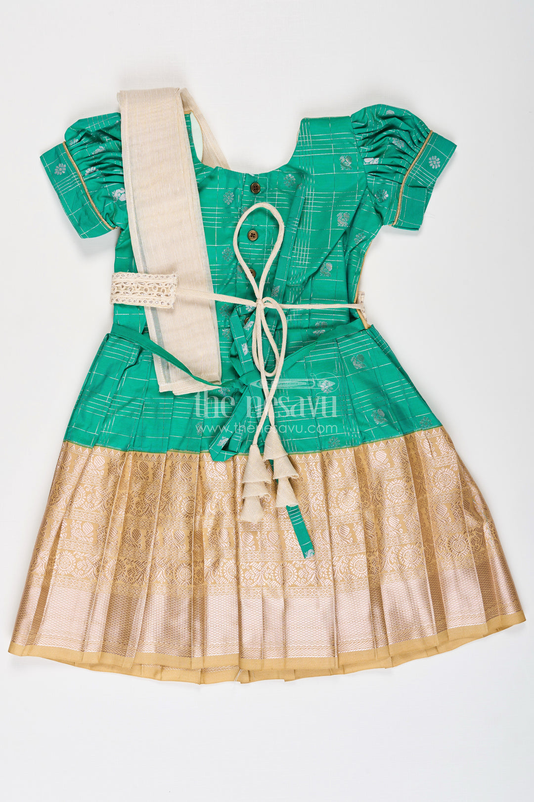 Girls Frocks Designs in Green Semi Kanchivaram Silk with Thread Embroidery and Lace Dupatta