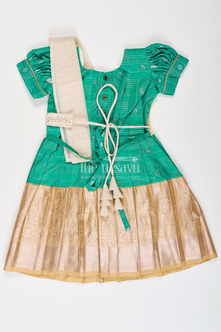 Girls Frocks Designs in Green Semi Kanchivaram Silk with Thread Embroidery and Lace Dupatta