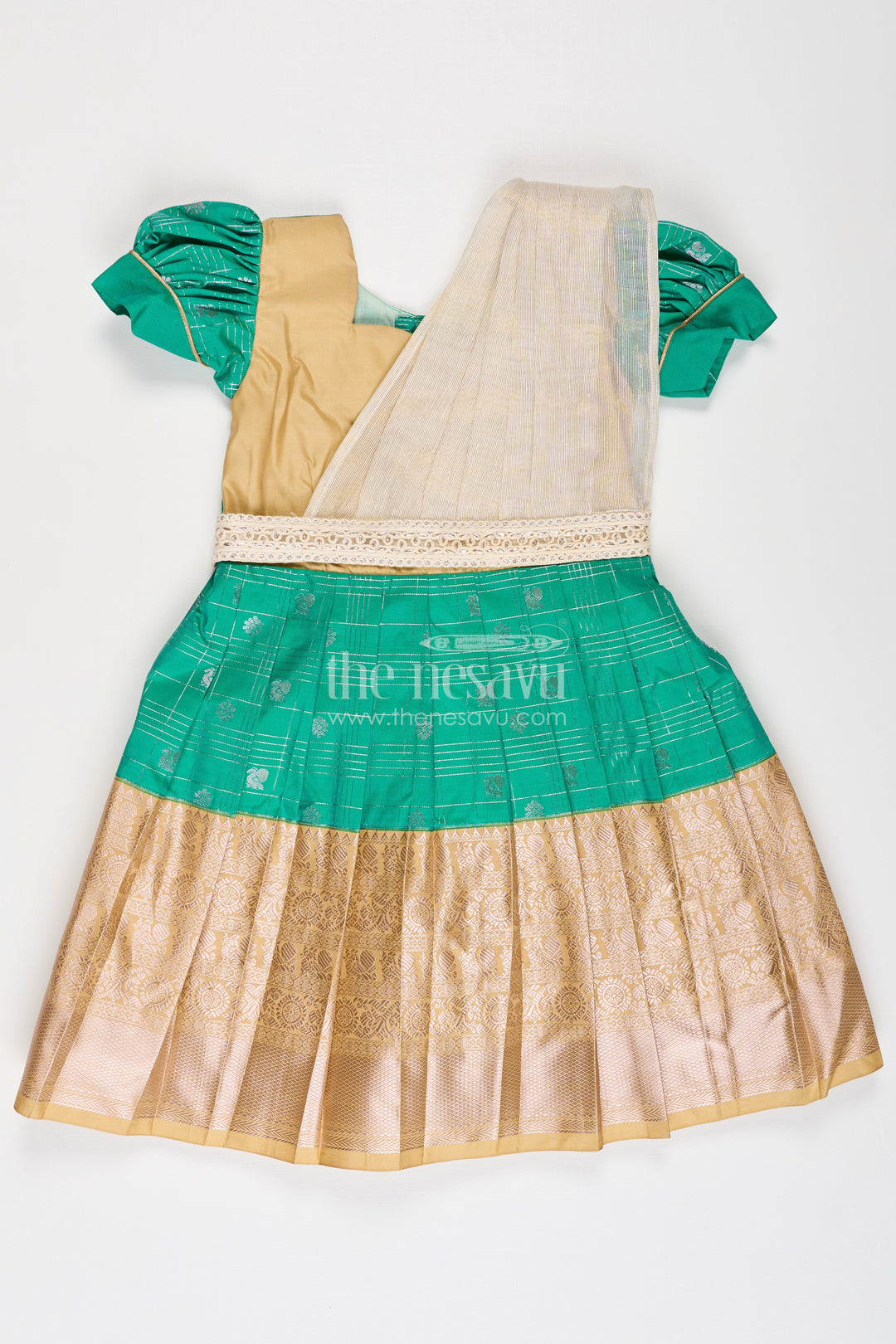 Girls Frocks Designs in Green Semi Kanchivaram Silk with Thread Embroidery and Lace Dupatta