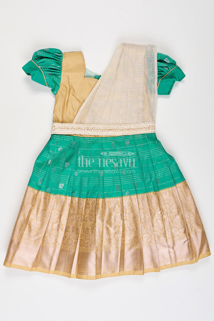 Girls Frocks Designs in Green Semi Kanchivaram Silk with Thread Embroidery and Lace Dupatta