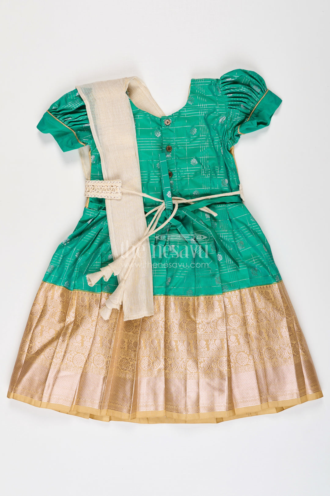 Girls Frocks Designs in Green Semi Kanchivaram Silk with Thread Embroidery and Lace Dupatta