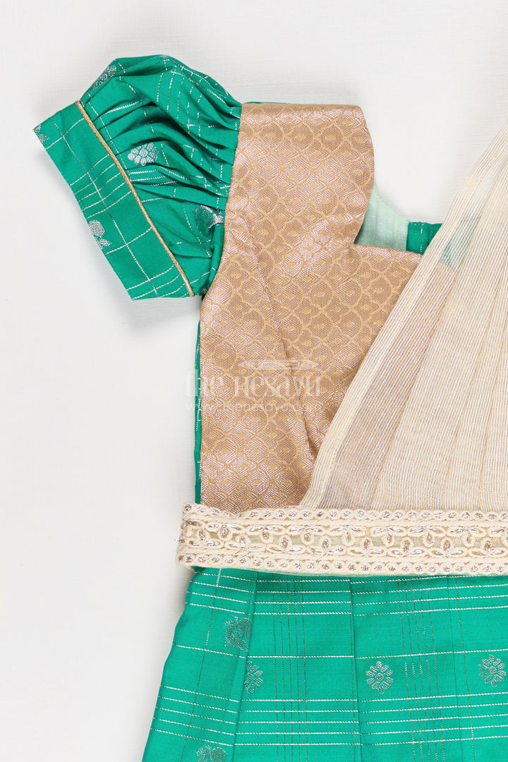 Girls Frocks Designs in Green Semi Kanchivaram Silk with Thread Embroidery and Lace Dupatta