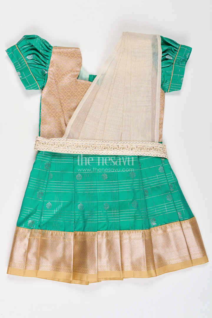 Girls Frocks Designs in Green Semi Kanchivaram Silk with Thread Embroidery and Lace Dupatta