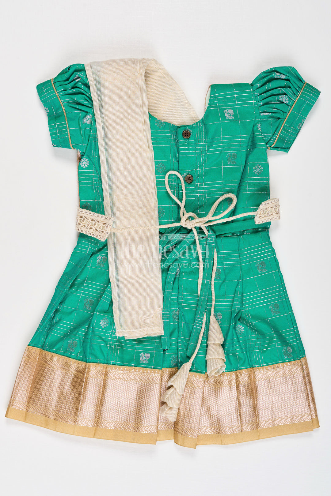 Girls Frocks Designs in Green Semi Kanchivaram Silk with Thread Embroidery and Lace Dupatta
