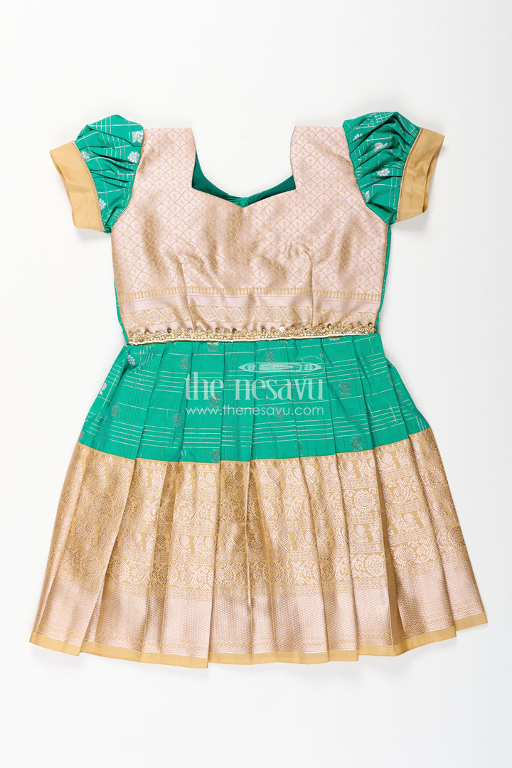 Girls Frocks Designs in Green Semi Kanchivaram Silk with Thread Embroidery and Lace Dupatta