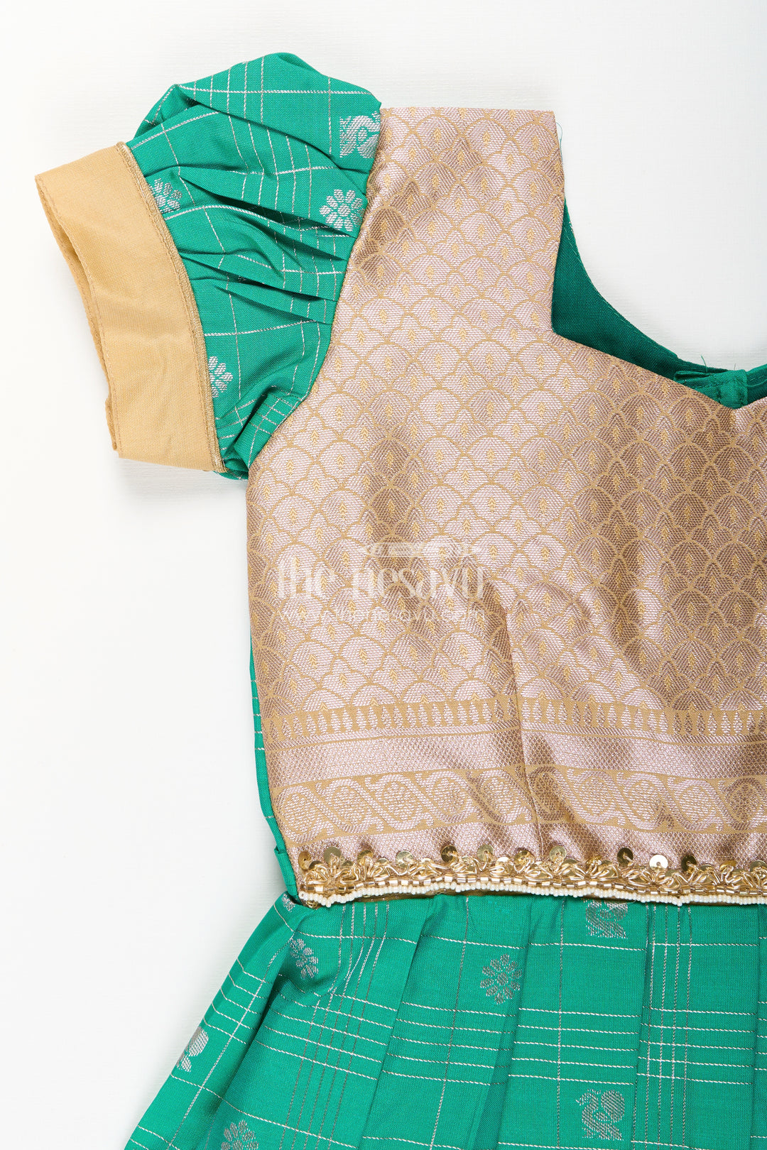 Girls Frocks Designs in Green Semi Kanchivaram Silk with Thread Embroidery and Lace Dupatta