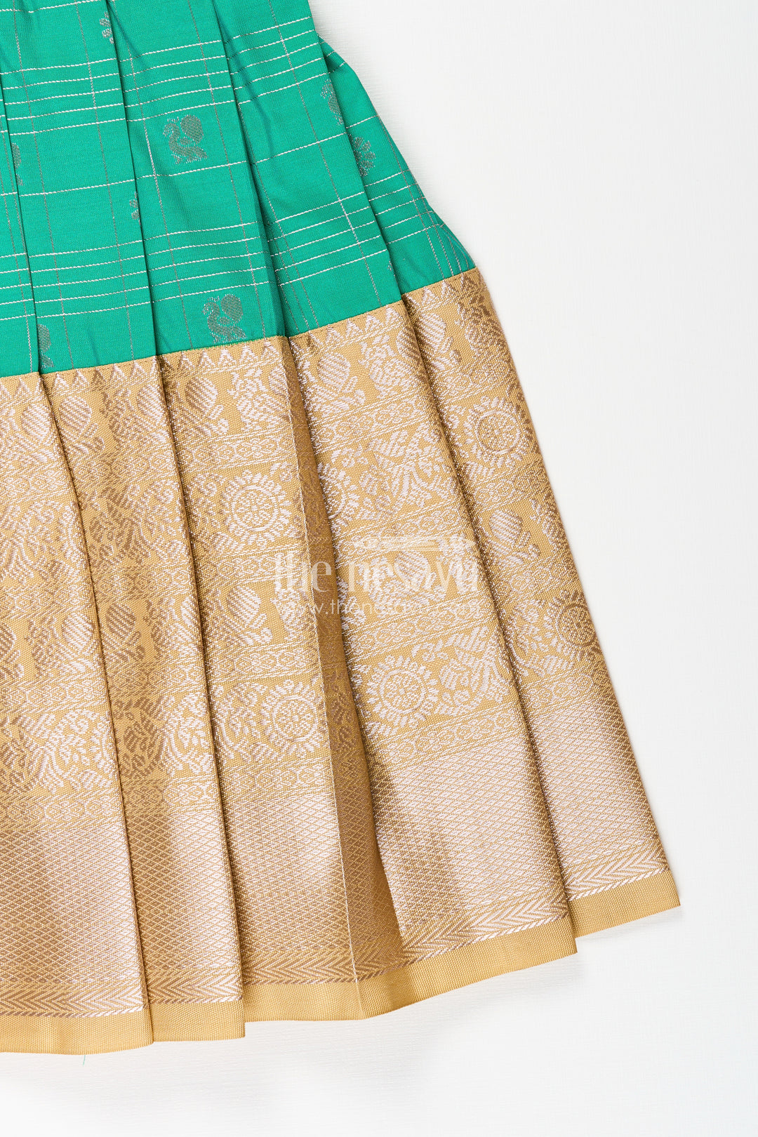 Girls Frocks Designs in Green Semi Kanchivaram Silk with Thread Embroidery and Lace Dupatta