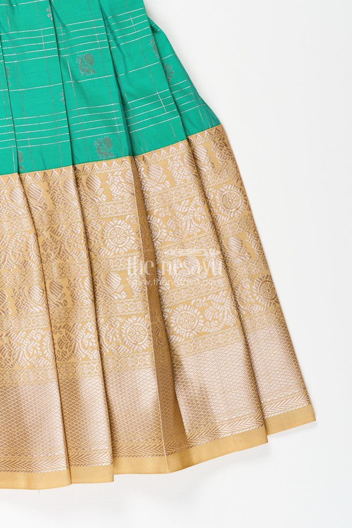 Girls Frocks Designs in Green Semi Kanchivaram Silk with Thread Embroidery and Lace Dupatta