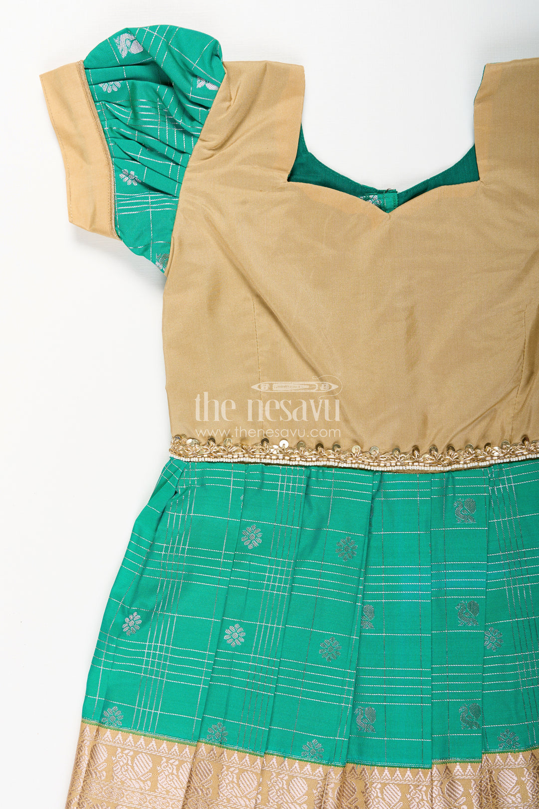 Girls Frocks Designs in Green Semi Kanchivaram Silk with Thread Embroidery and Lace Dupatta